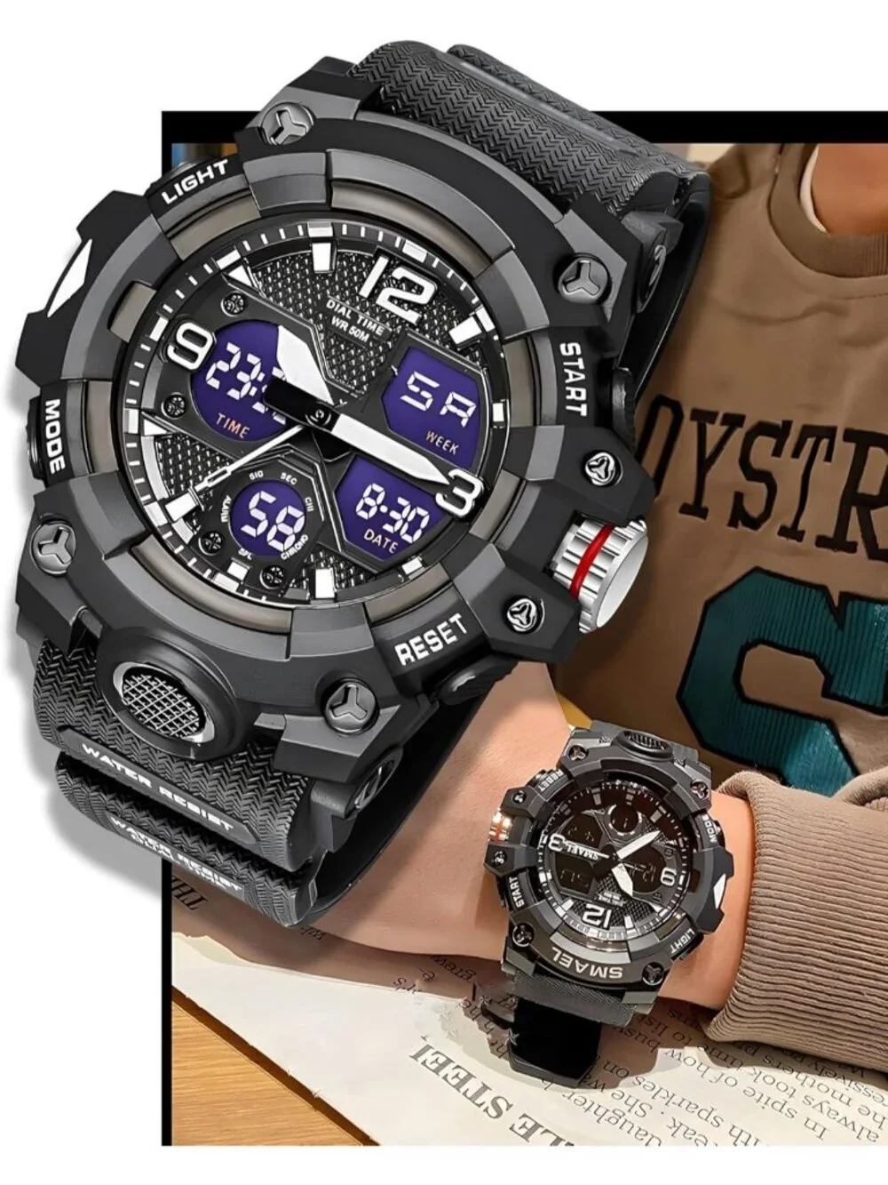 Mens All Black Analog Quartz S-Shock Waterproof Outdoor Sports LED Digital Watch